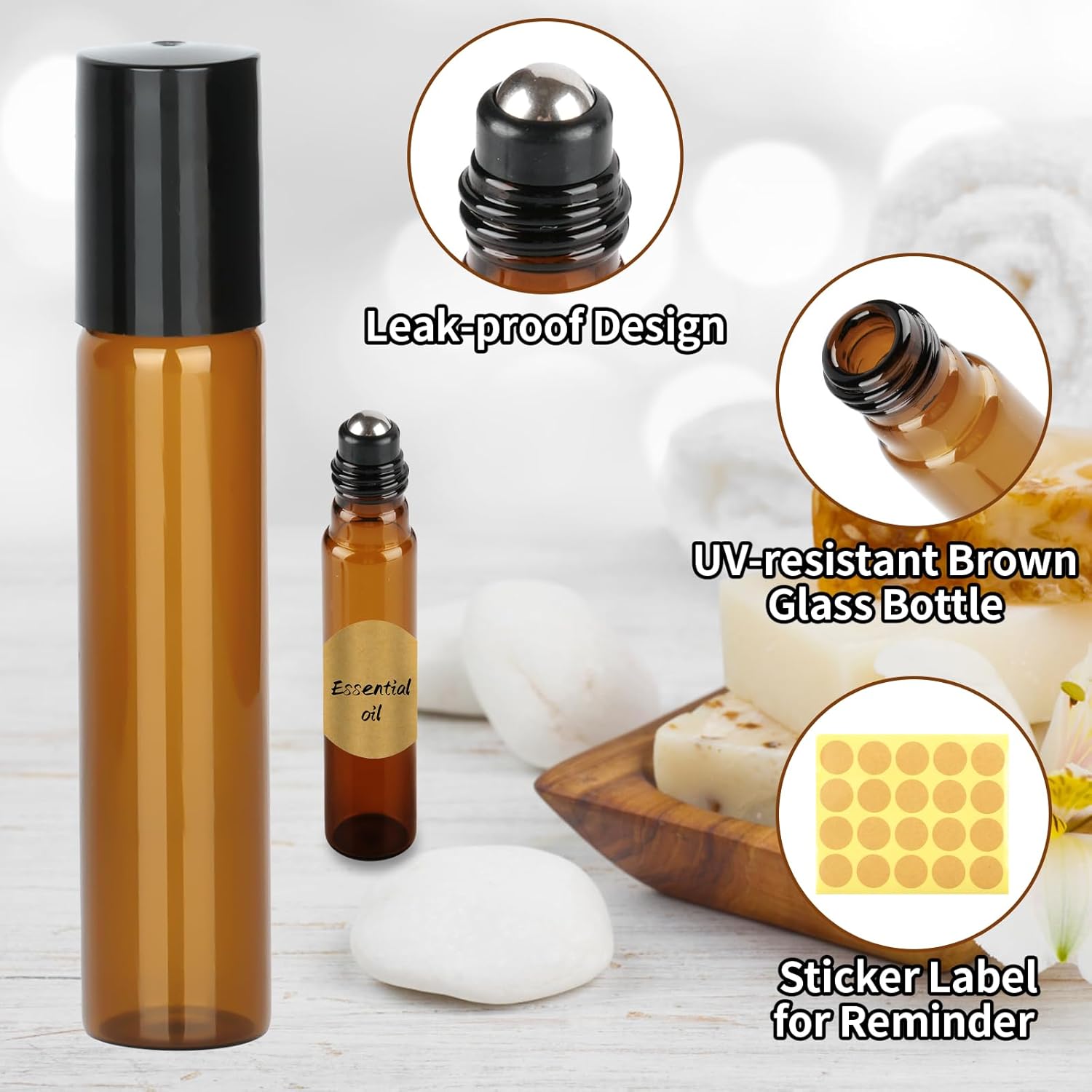 Essential Oils Roller Bottles, 20pcs Roll on Bottles with Stainless Steel Ball, 10ml Glass Roller Bottles with Bottle Opener, Dropper, Pipette, Label for Essential Oil, Fragrance, Aromatherapy (Brown)